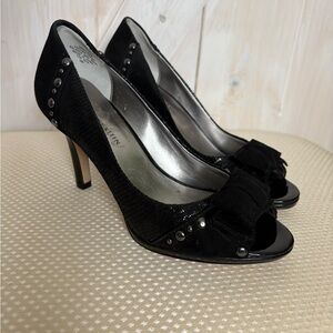 Anne Klein Black suede and patent leather peep toe heels with Studs